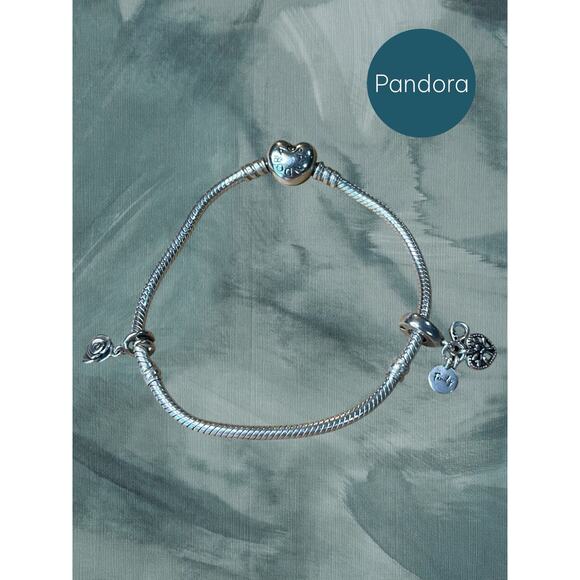 Pandora 925 Sterling Silver Bracelet with Rose Charm & Family Heart Dangle - Picture 1 of 12